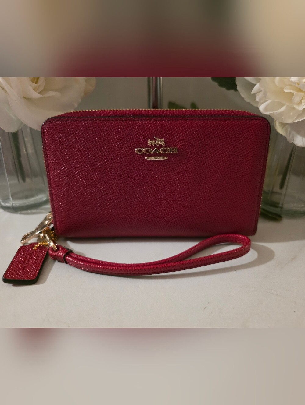 Coach Red Leather Wristlet with Gold Logo